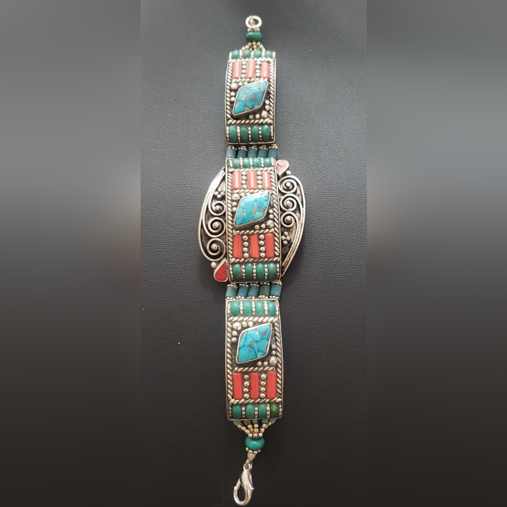 Tibetan Silver, Turquoise and Coral statement bracelet, handmade in Nepal 7 1/4"